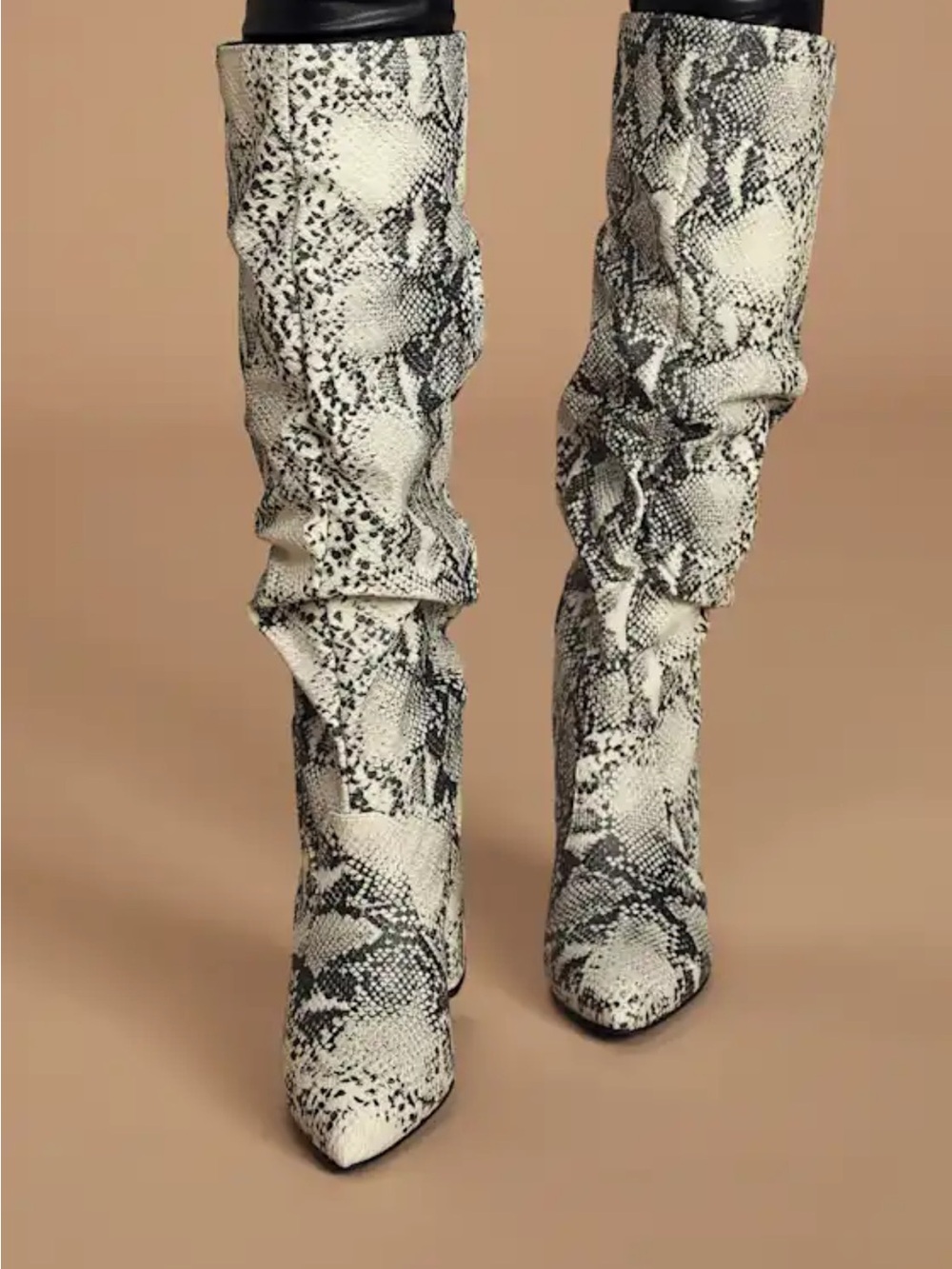 Lulu's White and Black Snake-Print Slouchy Block Heel Boots - Picture 2 of 6